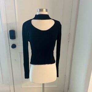 Topshop Black knit with keyhole and purple trim
